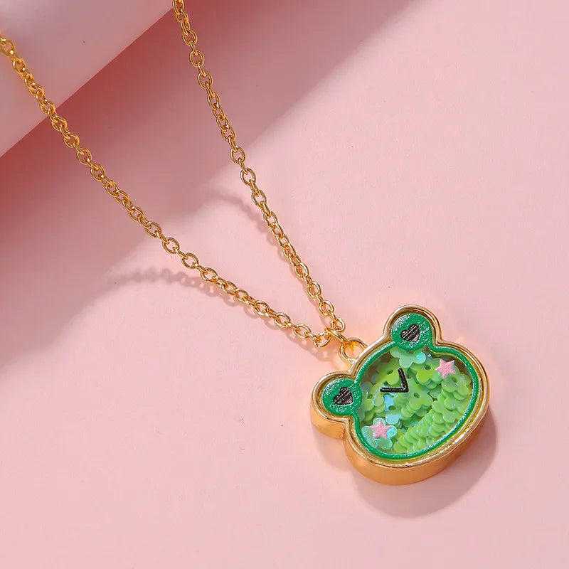 Collier Acrylique Transparent - Chat Ourson Grenouille Coeur - Pendentif intérieur Paillettes