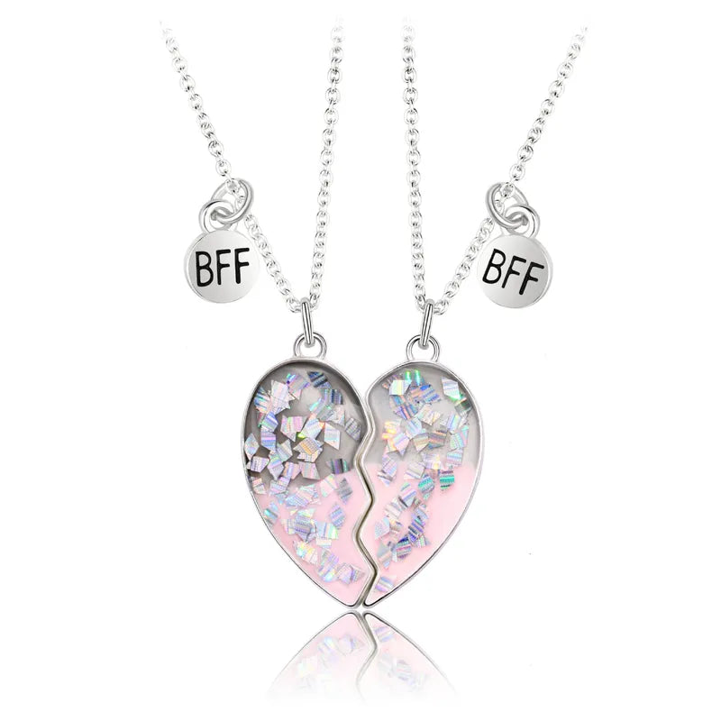 Lot de 2 Colliers D'amitié Aimanté - Coeur Paillettes - BFF - Best Friends Forever - Amitié