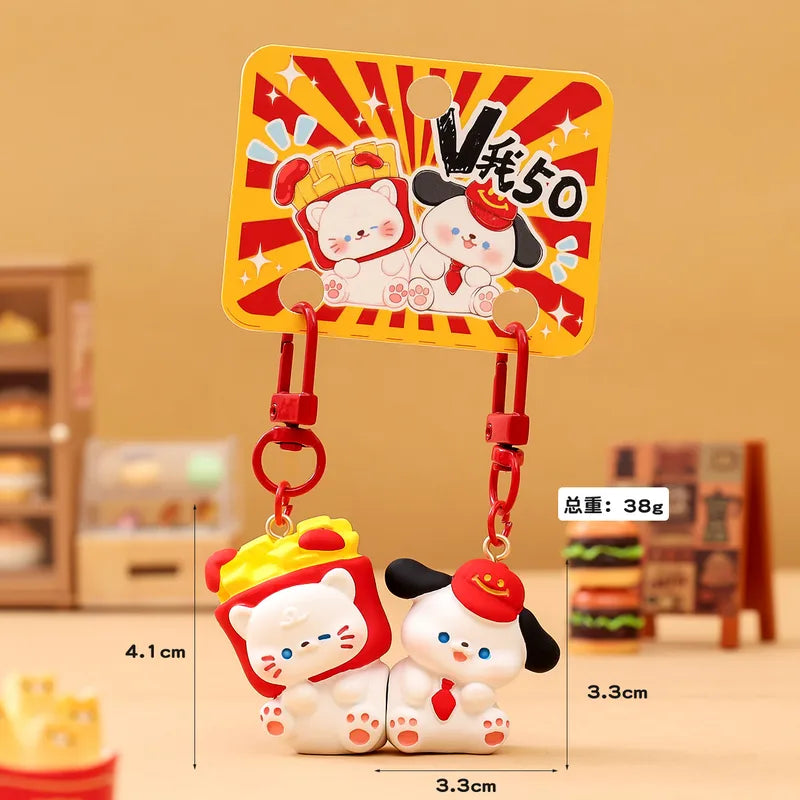 Porte Clés - Mignon Chien Chat Fast Food - A Partager - Aimanté - Amoureux - Meilleurs Amis - Pendentif Sac - BFF - Best Friends - Amitié