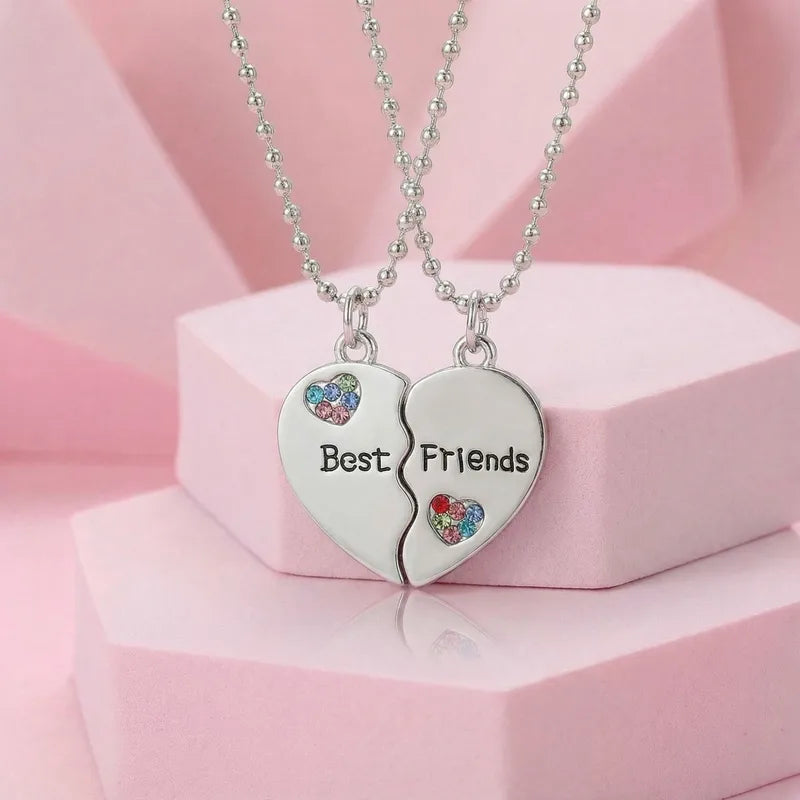 Lot de 2 Colliers D'amitié - Coeur - BFF - Best Friends Forever - Amitié - Strass - Pendentif et Chaine Argenté