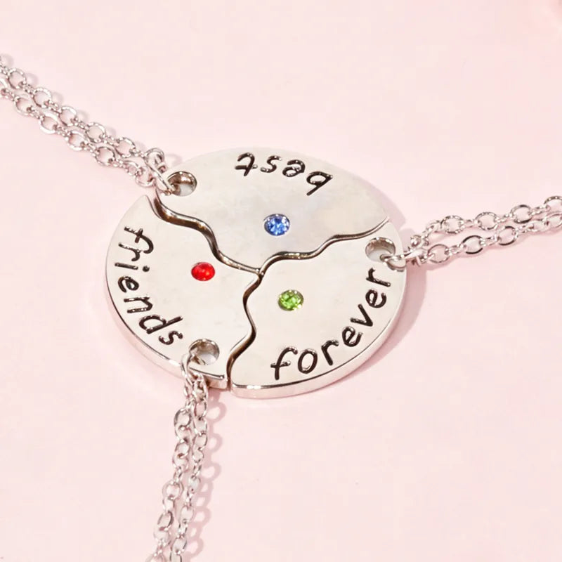 Lot de 3 Colliers D'amitié - Rond Puzzle - BFF - Best Friends Forever - Pendentif Argenté - Strass - Amitié
