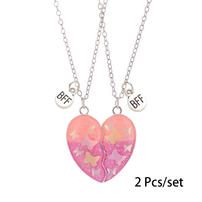 Lot de 2 Colliers D'amitié Aimanté - Coeur Paillettes Papillon Feuille Erable Nuage - BFF - Best Friends Forever - Amitié - Pendentif Chaîne Doré Argenté