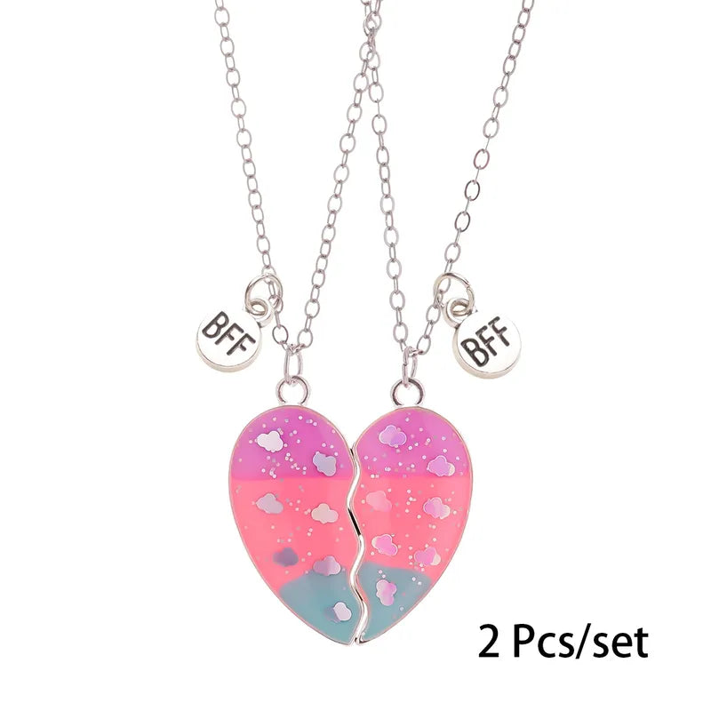Lot de 2 Colliers D'amitié Aimanté - Coeur Paillettes Papillon Feuille Erable Nuage - BFF - Best Friends Forever - Amitié - Pendentif Chaîne Doré Argenté