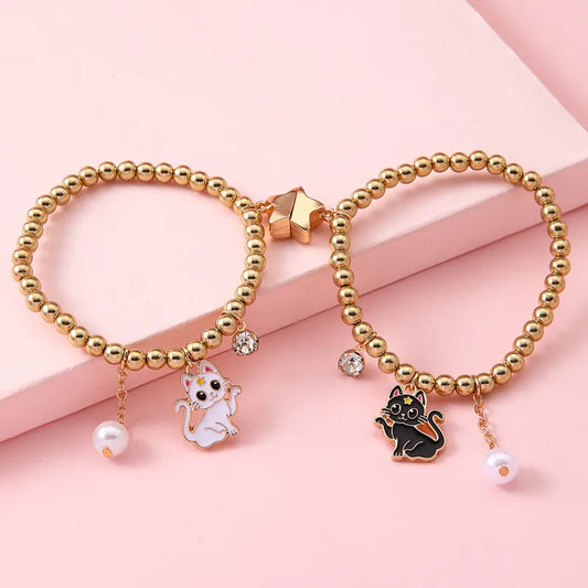 Lot de 2 Bracelets BFF Elastique - Chat - Best Friends Forever - Etoile Aimanté Strass Perle