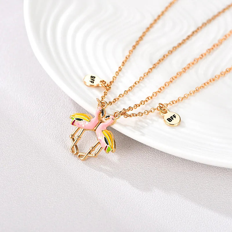 CHILD - Set of 2 Cute Pink Flamingo Heart Friendship Necklaces - BFF Best Friends Forever - Fantasy - Magnetic Pendant