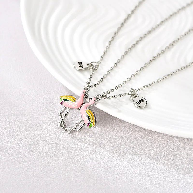 CHILD - Set of 2 Cute Pink Flamingo Heart Friendship Necklaces - BFF Best Friends Forever - Fantasy - Magnetic Pendant