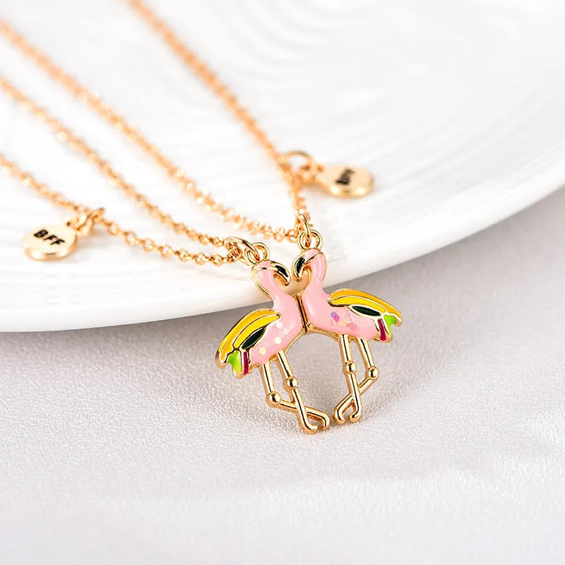 CHILD - Set of 2 Cute Pink Flamingo Heart Friendship Necklaces - BFF Best Friends Forever - Fantasy - Magnetic Pendant