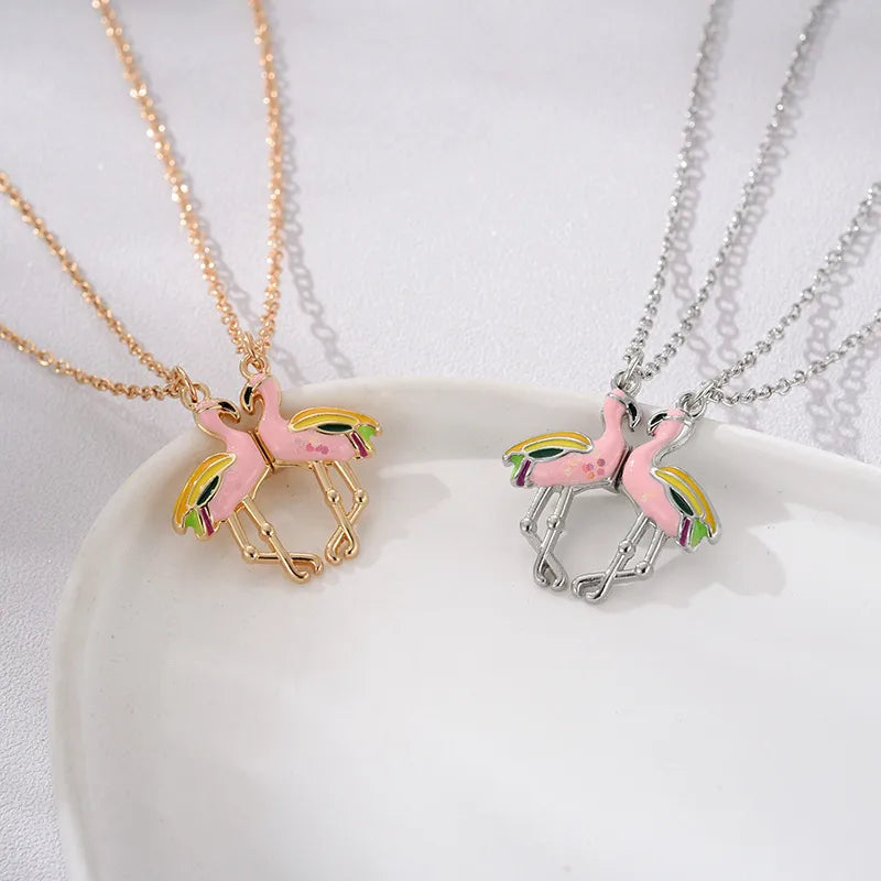 CHILD - Set of 2 Cute Pink Flamingo Heart Friendship Necklaces - BFF Best Friends Forever - Fantasy - Magnetic Pendant