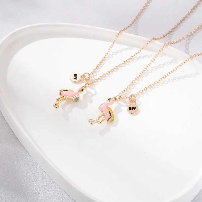 CHILD - Set of 2 Cute Pink Flamingo Heart Friendship Necklaces - BFF Best Friends Forever - Fantasy - Magnetic Pendant