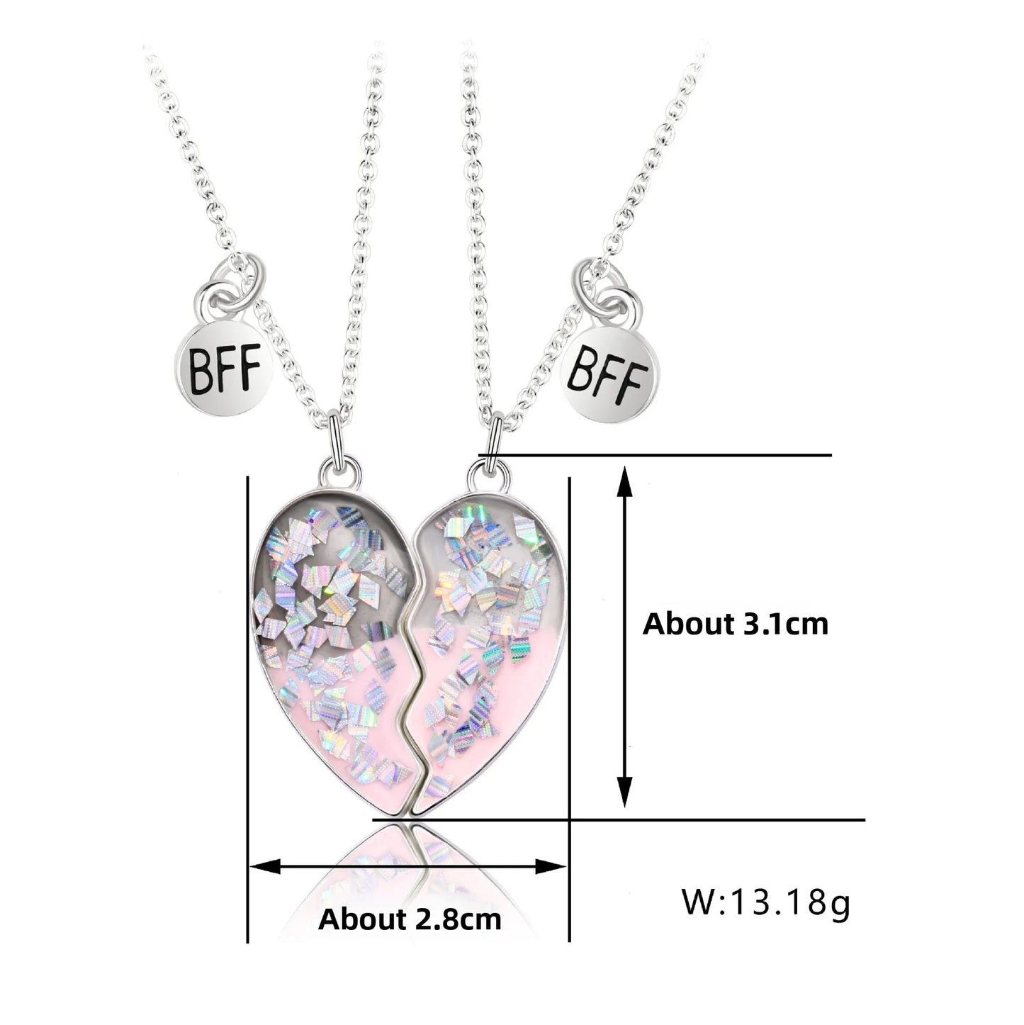 Lot de 2 Colliers D'amitié Aimanté - Coeur Paillettes - BFF - Best Friends Forever - Amitié