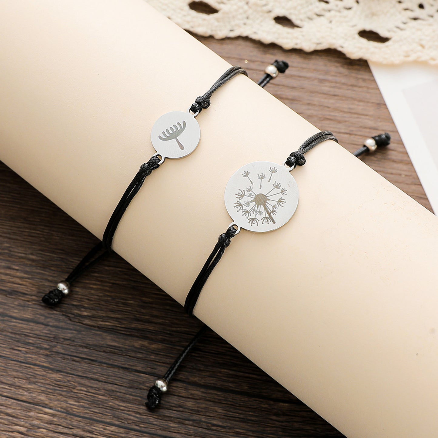 Lot de 2 Bracelets Cordon Réglable avec Carte - Mère Fille - Pissenlit - Famille Parents Enfant Maman Fille - Acier Inoxydable