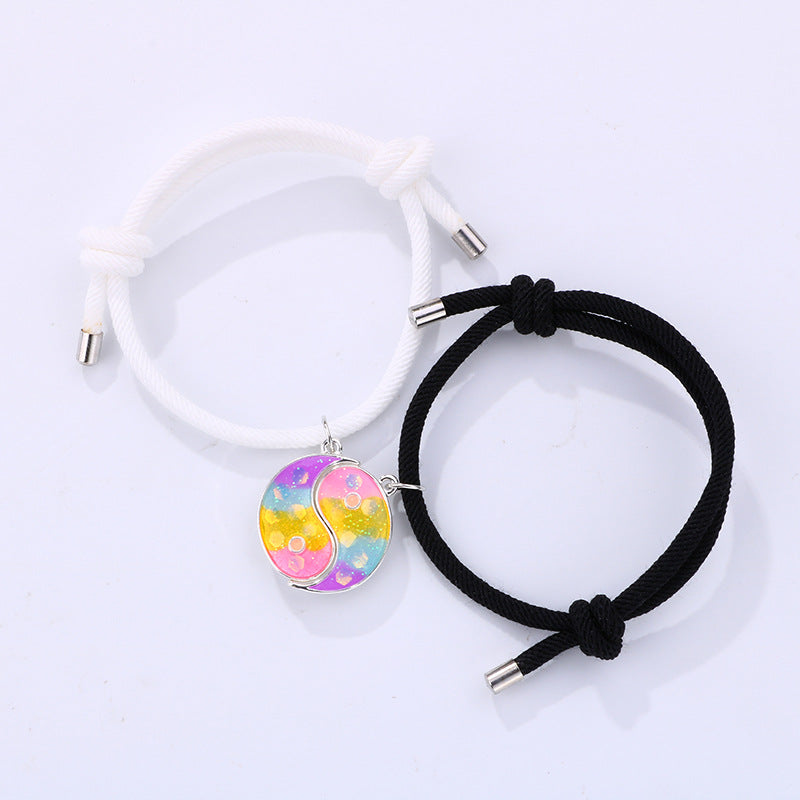 Set of 2 Adjustable Cord Bracelets Best Friends Ying Yang - BFF Best Friends - Fantasy - Magnetic Pendant - Lovers - Couple