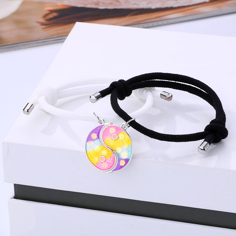 Set of 2 Adjustable Cord Bracelets Best Friends Ying Yang - BFF Best Friends - Fantasy - Magnetic Pendant - Lovers - Couple