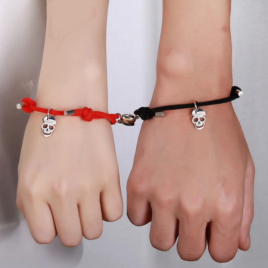 Lot de 2 Bracelets D'amitié Cordon Réglable - Crane Squelette - BFF - Best Friends Forever - Amitié - Pendentif Aimanté Coeur