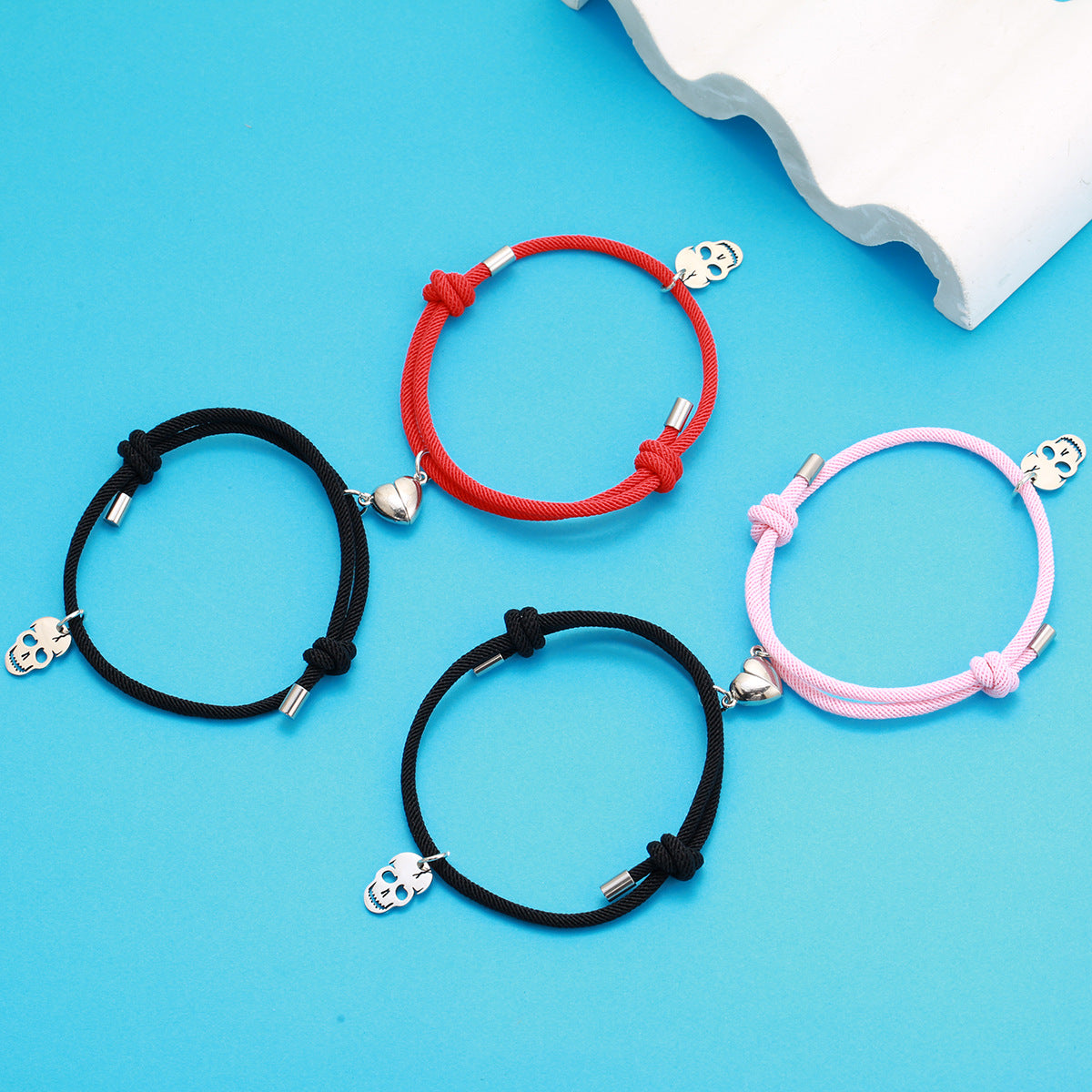 Lot de 2 Bracelets D'amitié Cordon Réglable - Crane Squelette - BFF - Best Friends Forever - Amitié - Pendentif Aimanté Coeur