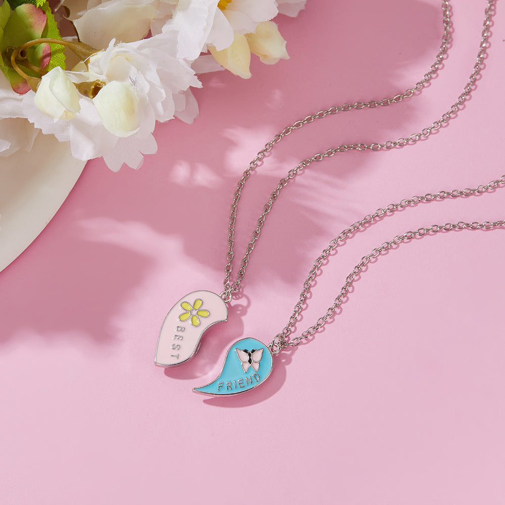 CHILDREN - Set of 2 Chains Friendship Necklaces Cat Unicorn &amp; Heart - BFF Best Friends Forever - Fantasy - Rainbow Resin Pendant