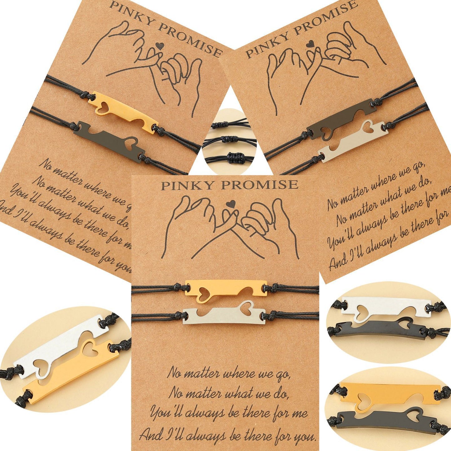 Lot de 2 Bracelets D'amitié Cordon Réglable avec Carte - Promesse Petit Doigt - BFF - Best Friends Forever - Amoureux Couple Amitié - Acier Inoxydable