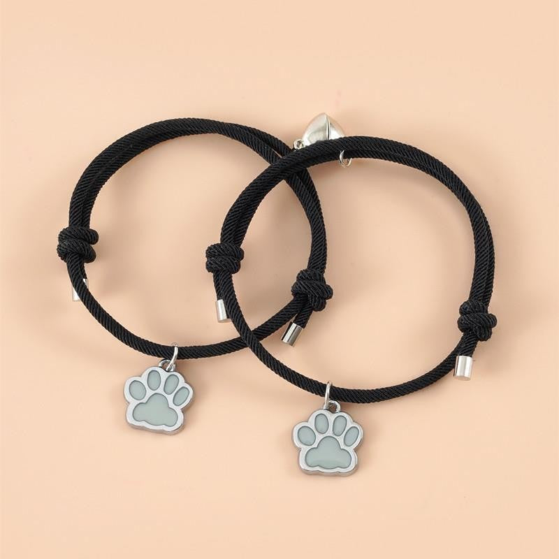 Lot de 2 Bracelets D'amitié Cordon Réglable - Patte Animal Chat ou Chien Aimanté - BFF - Best Friends Forever - Amitié - Pendentif Phosphorescent