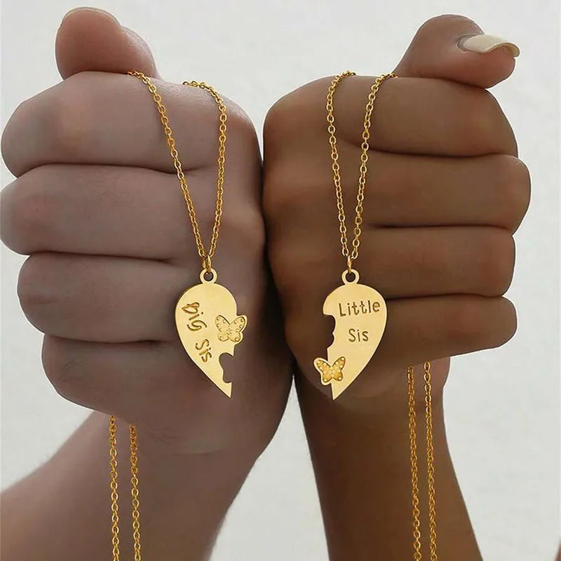 Lot de 2 Colliers Coeur - Soeurs - Famille Petite Soeur Grande Soeur - Pendentif Coeur - Acier Inoxydable