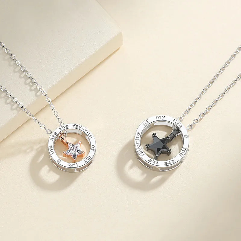 Lot de 2 Colliers D'amitié Couple - Anneaux Etoile - BFF - Best Friends - Amoureux - Pendentif Chaine Argenté