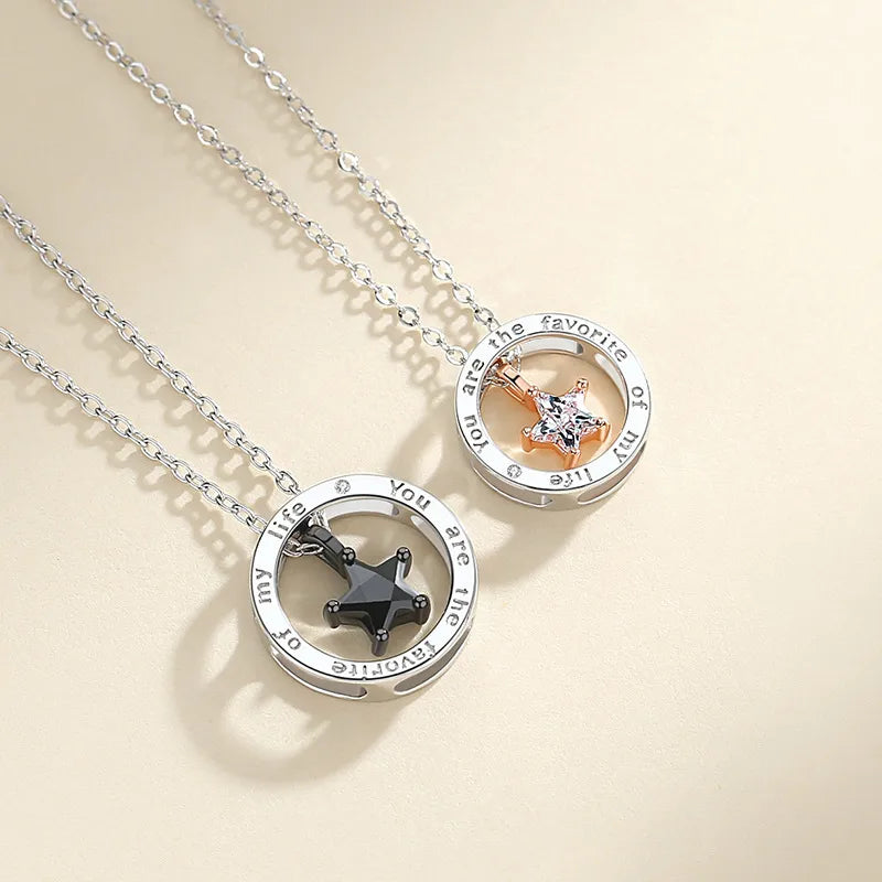 Lot de 2 Colliers D'amitié Couple - Anneaux Etoile - BFF - Best Friends - Amoureux - Pendentif Chaine Argenté