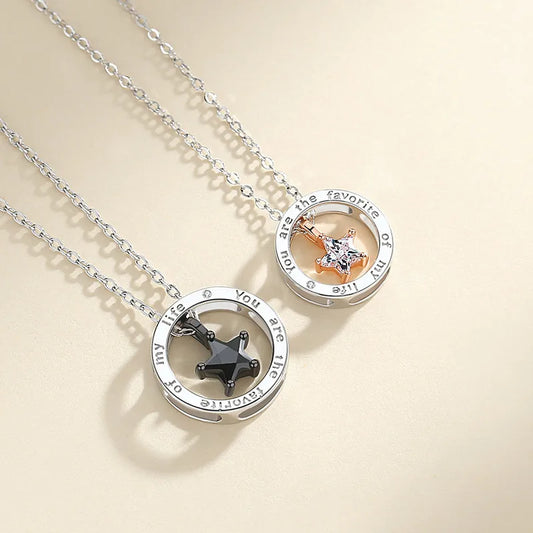 Lot de 2 Colliers D'amitié Couple - Anneaux Etoile - BFF - Best Friends - Amoureux - Pendentif Chaine Argenté