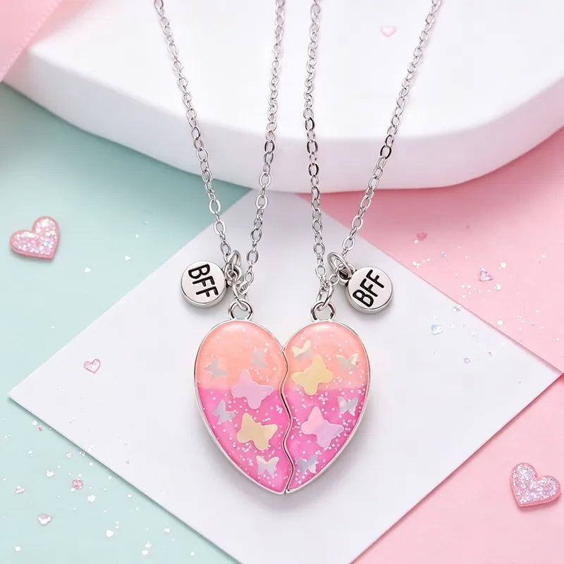 Lot de 2 Colliers D'amitié Aimanté - Coeur Paillettes Papillon Feuille Erable Nuage - BFF - Best Friends Forever - Amitié - Pendentif Chaîne Doré Argenté