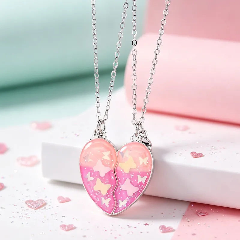 Lot de 2 Colliers D'amitié Aimanté - Coeur Paillettes Papillon Feuille Erable Nuage - BFF - Best Friends Forever - Amitié - Pendentif Chaîne Doré Argenté