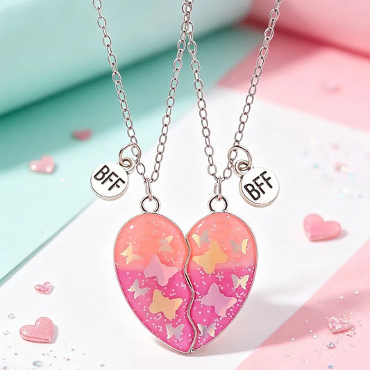 Lot de 2 Colliers D'amitié Aimanté - Coeur Paillettes Papillon Feuille Erable Nuage - BFF - Best Friends Forever - Amitié - Pendentif Chaîne Doré Argenté