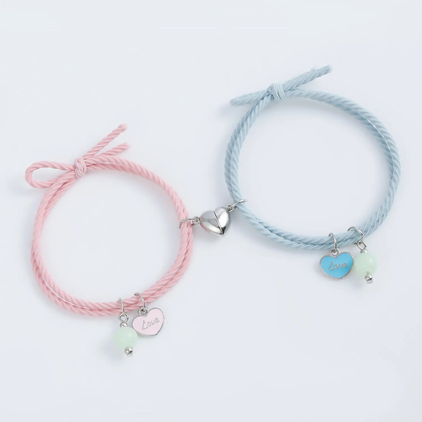 Lot de 2 Bracelets D'amitié Cordon Elastique - Coeur Love Perle Phosphorescent - Best Friends - BFF - Best Friends Forever - Amitié - Pendentif Coeur Aimanté