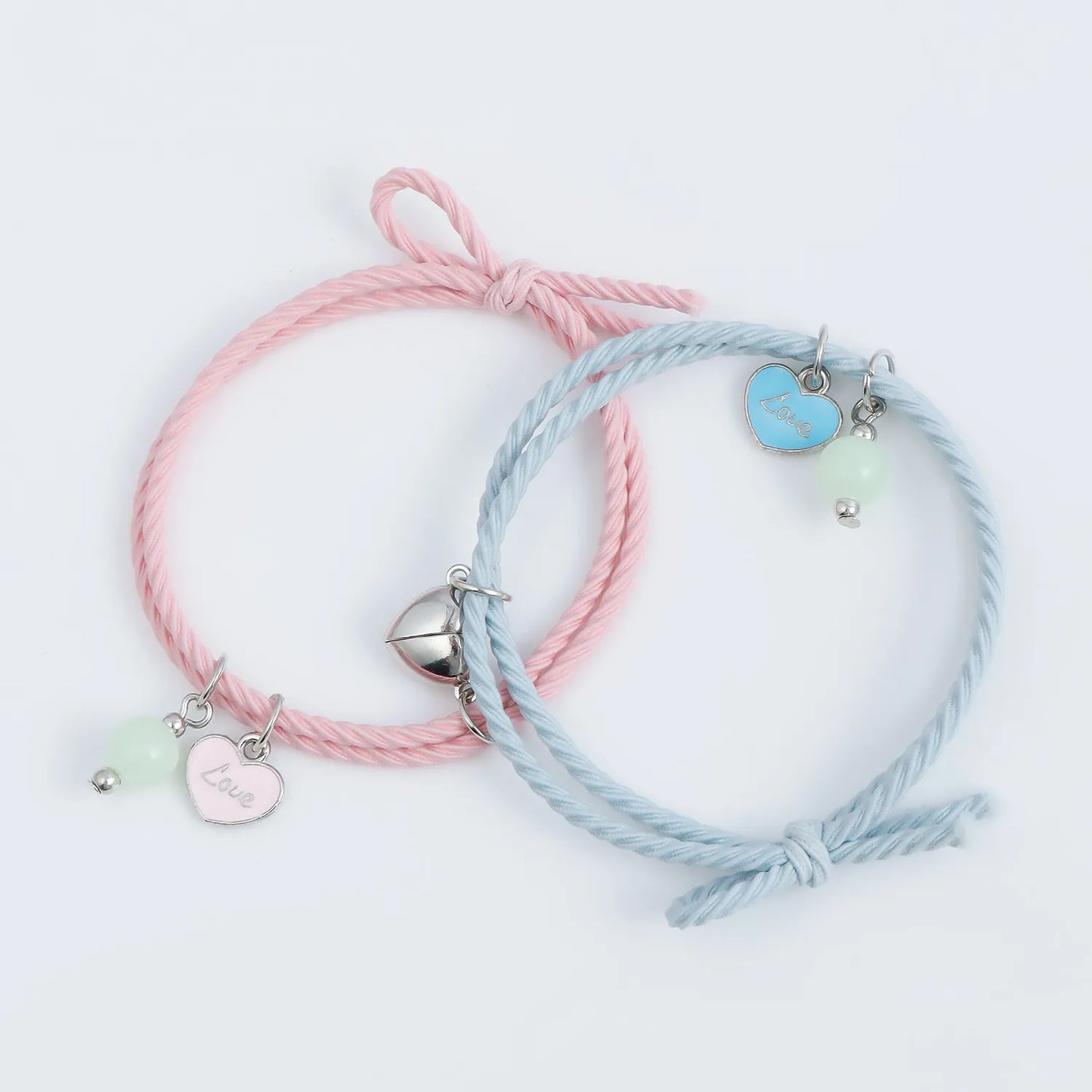 Lot de 2 Bracelets D'amitié Cordon Elastique - Coeur Love Perle Phosphorescent - Best Friends - BFF - Best Friends Forever - Amitié - Pendentif Coeur Aimanté