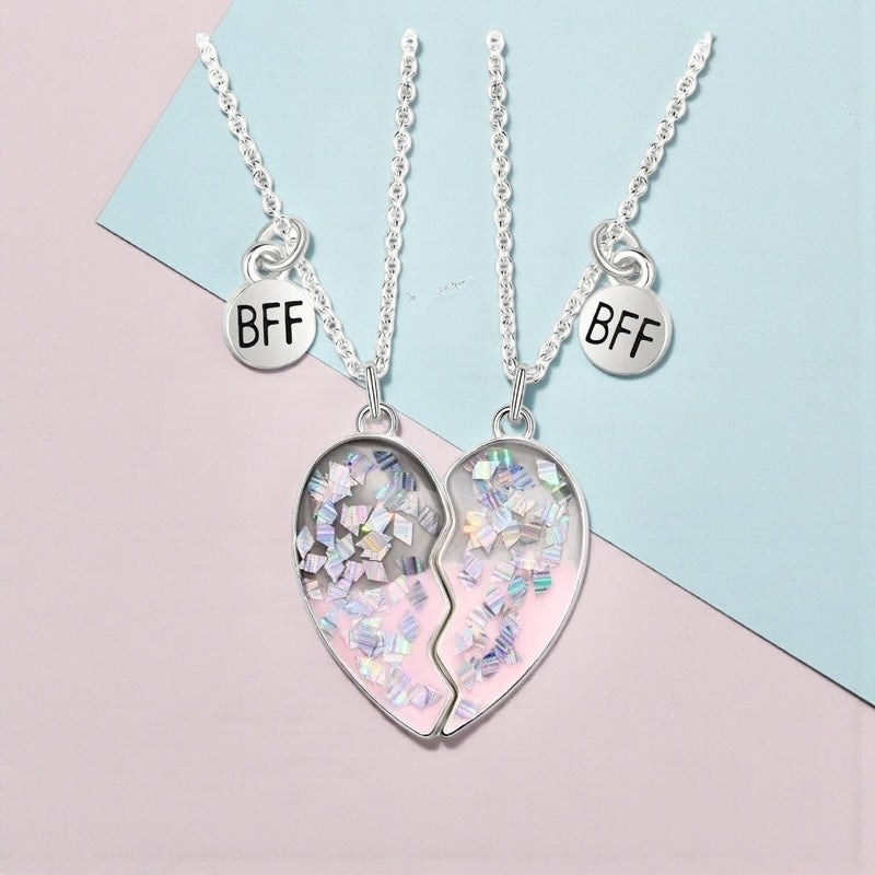 Lot de 2 Colliers D'amitié Aimanté - Coeur Paillettes - BFF - Best Friends Forever - Amitié