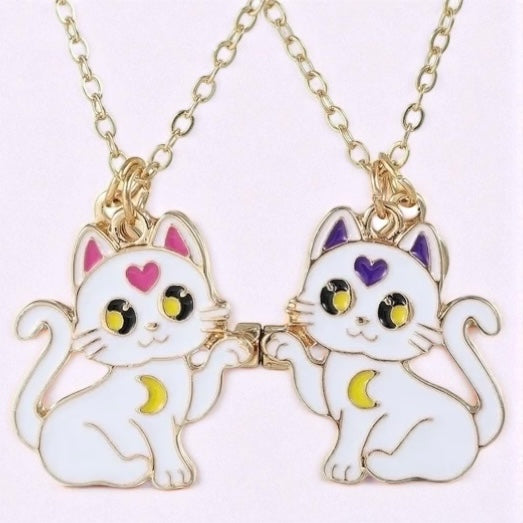 CHILDREN - Set of 2 Chains Friendship Necklaces Cat Unicorn &amp; Heart - BFF Best Friends Forever - Fantasy - Rainbow Resin Pendant