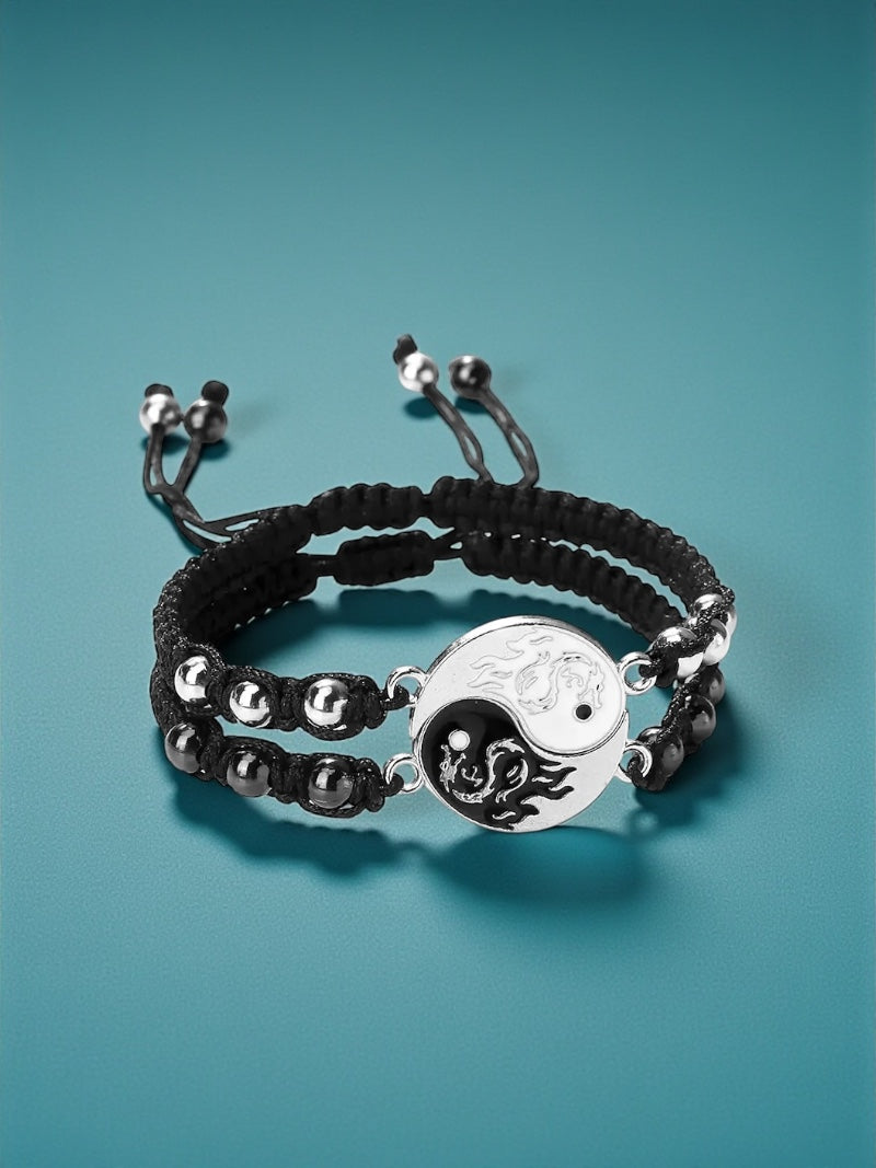 Lot de 2 Bracelets D'amitié Cordon Réglable - Ying Yang Tai Chi Dragon - BFF - Best Friends Forever - Amoureux Couple Amitié