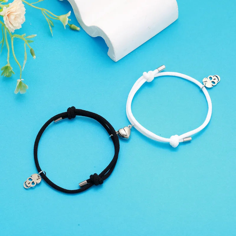 Lot de 2 Bracelets D'amitié Cordon Réglable - Crane Squelette - BFF - Best Friends Forever - Amitié - Pendentif Aimanté Coeur