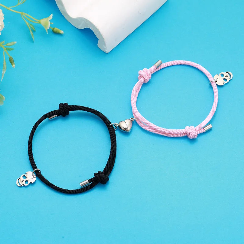 Lot de 2 Bracelets D'amitié Cordon Réglable - Crane Squelette - BFF - Best Friends Forever - Amitié - Pendentif Aimanté Coeur