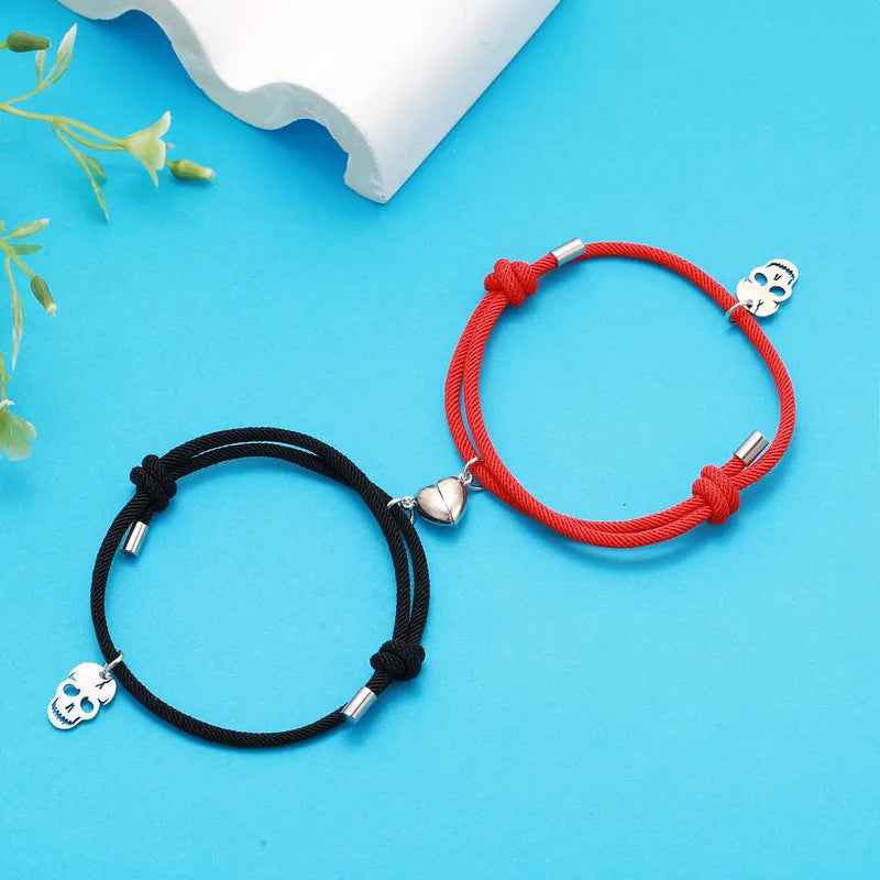 Lot de 2 Bracelets D'amitié Cordon Réglable - Crane Squelette - BFF - Best Friends Forever - Amitié - Pendentif Aimanté Coeur