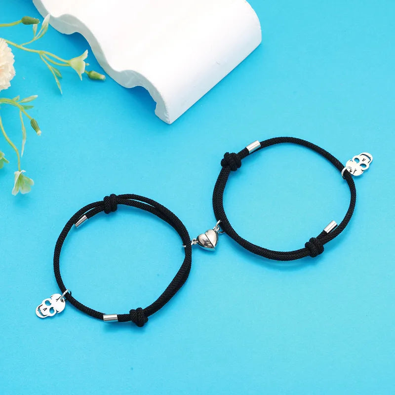 Lot de 2 Bracelets D'amitié Cordon Réglable - Crane Squelette - BFF - Best Friends Forever - Amitié - Pendentif Aimanté Coeur