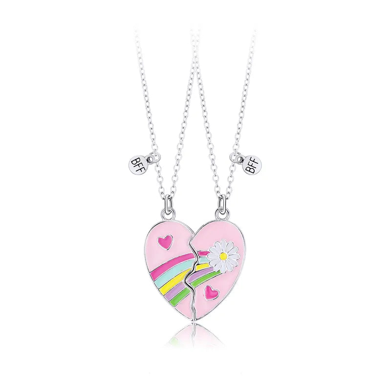 Lot de 2 Colliers D'amitié Aimanté - Coeur Fleurs Arc En Ciel - BFF - Best Friends Forever - Fantaisie - Pendentif Aimanté - Amitié