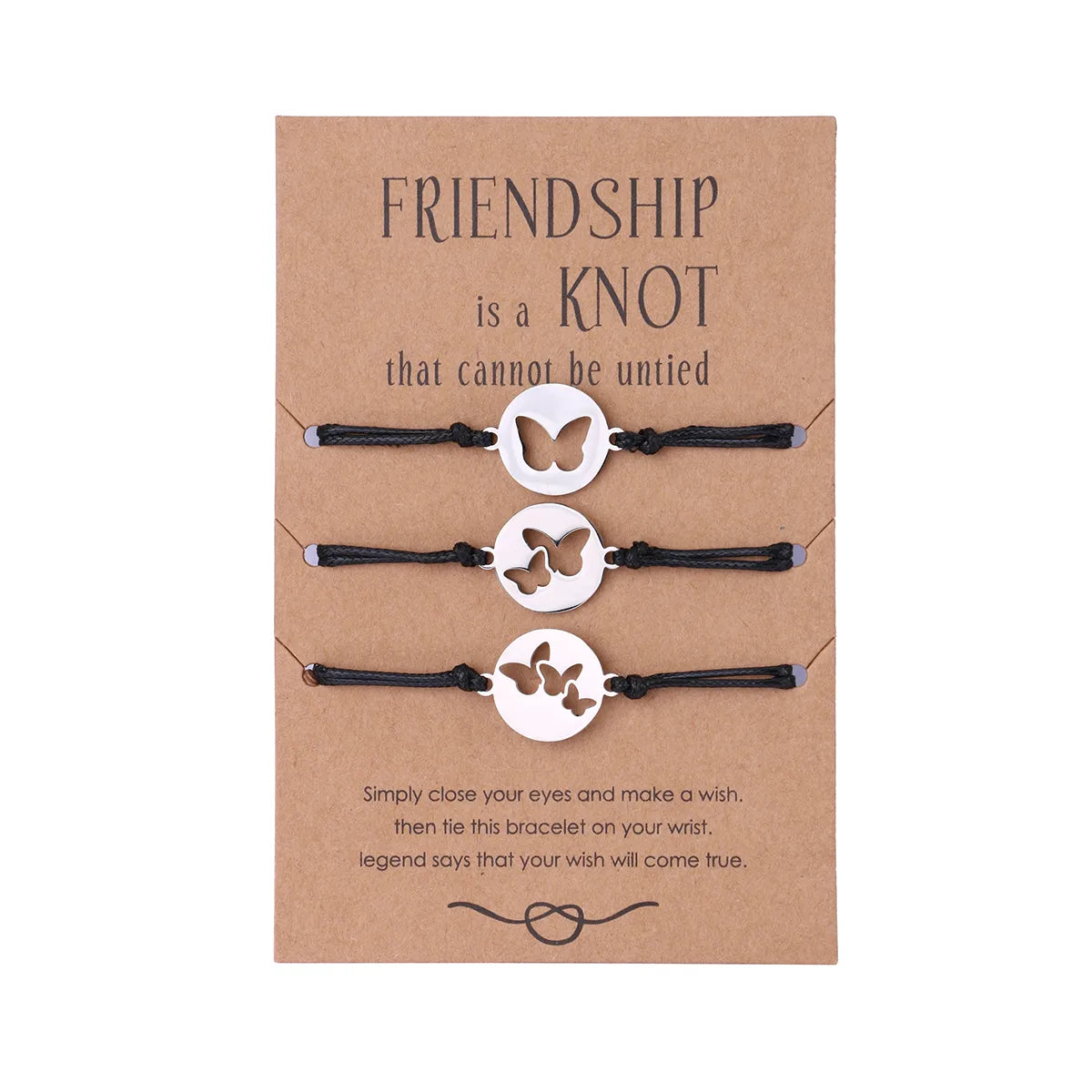 Set of 2 Adjustable Butterfly Friendship Cord Bracelets - BFF Best Friends Forever - Fancy - Stainless Steel