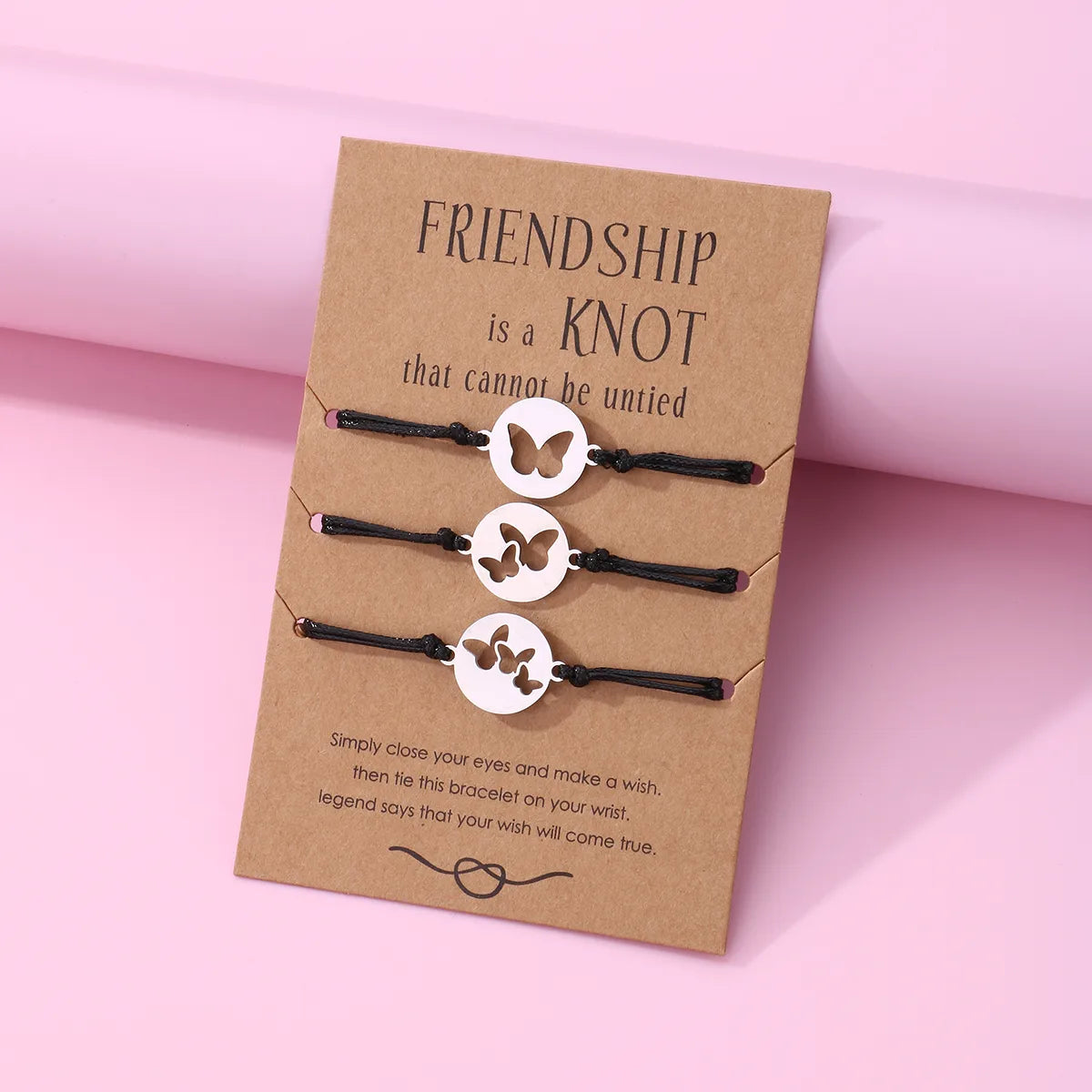 Set of 2 Adjustable Butterfly Friendship Cord Bracelets - BFF Best Friends Forever - Fancy - Stainless Steel