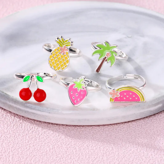 CHILD - SET of 5 ADJUSTABLE Rings - Child in his Strawberry-shaped Box - Fruit Ring Watermelon Strawberry Pineapple Cherries Palm Tree