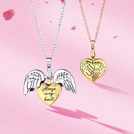 Collier avec Pendentif - 2 Ailes d’Ange qui s'ouvrent sur un Coeur - Always in my Heart - Gravure