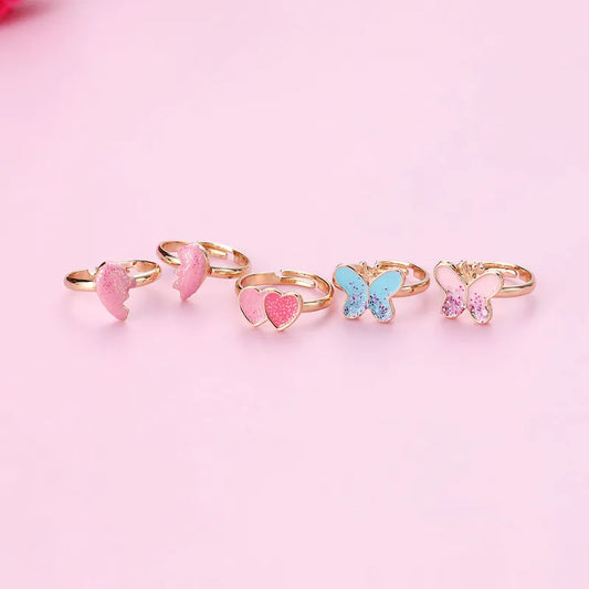 CHILD - SET of 5 ADJUSTABLE Rings - Child in Heart-Shaped Box - BFF Heart Butterfly Ring