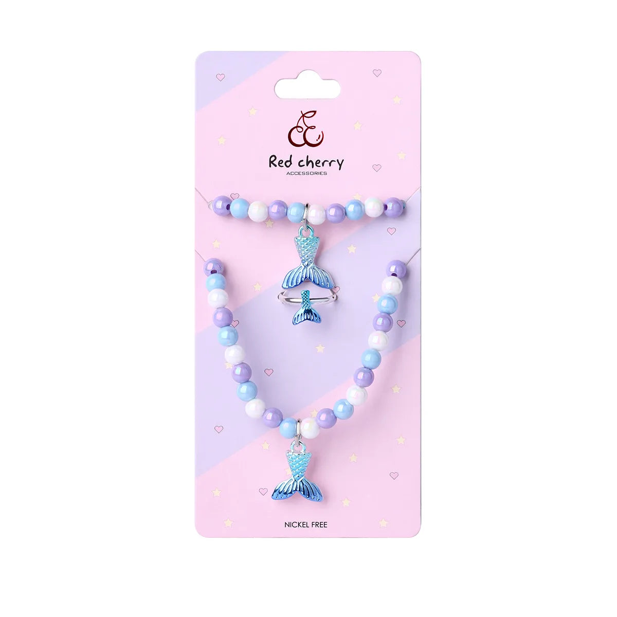 Parure 3 pièces avec Carte - Collier Bracelet Bague - Queue de Sirène - Pastels - Mignon Argenté