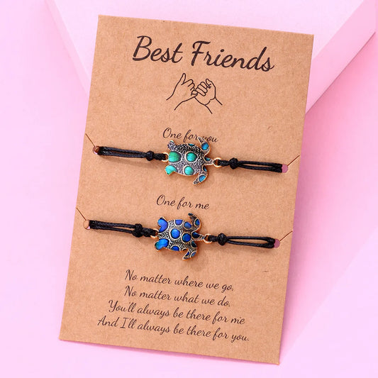 Lot de 2 Bracelets D'amitié Cordon Réglable avec Carte - Tortue Couleur - BFF - Best Friends Forever - Fantaisie - A partager