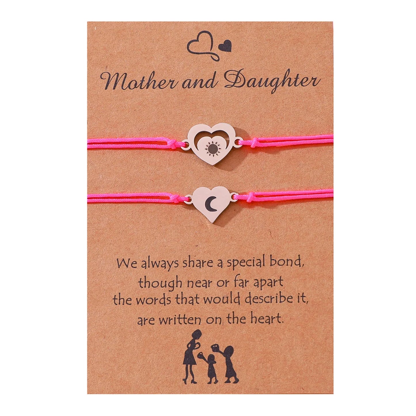 Lot de 2 Bracelets Cordon Réglable avec Carte - Mère Fille - Coeur Lune Soleil - Famille Parents Enfant Maman Fille - Acier Inoxydable