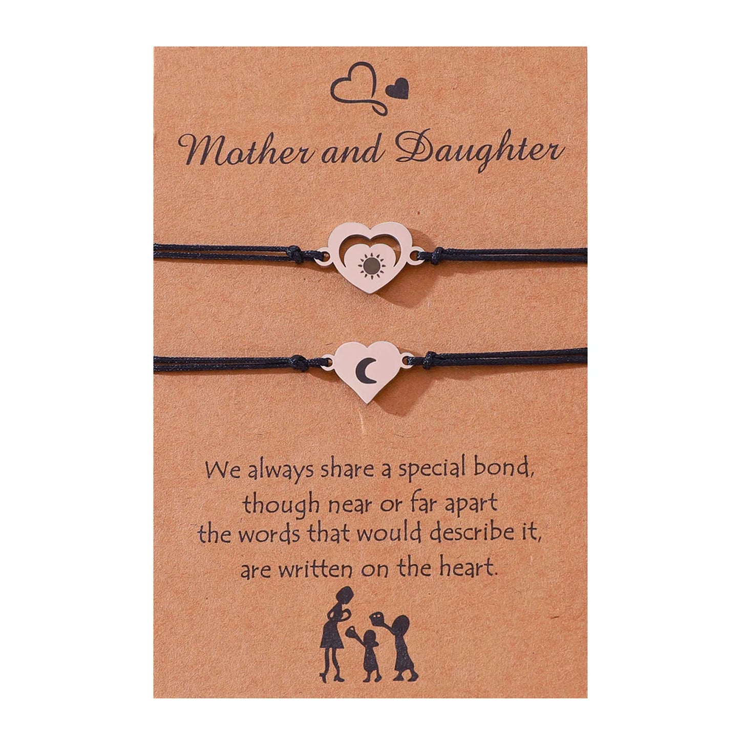 Lot de 2 Bracelets Cordon Réglable avec Carte - Mère Fille - Coeur Lune Soleil - Famille Parents Enfant Maman Fille - Acier Inoxydable