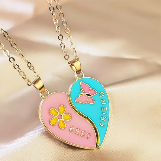 CHILDREN - Set of 2 Chains Friendship Necklaces Cat Unicorn &amp; Heart - BFF Best Friends Forever - Fantasy - Rainbow Resin Pendant