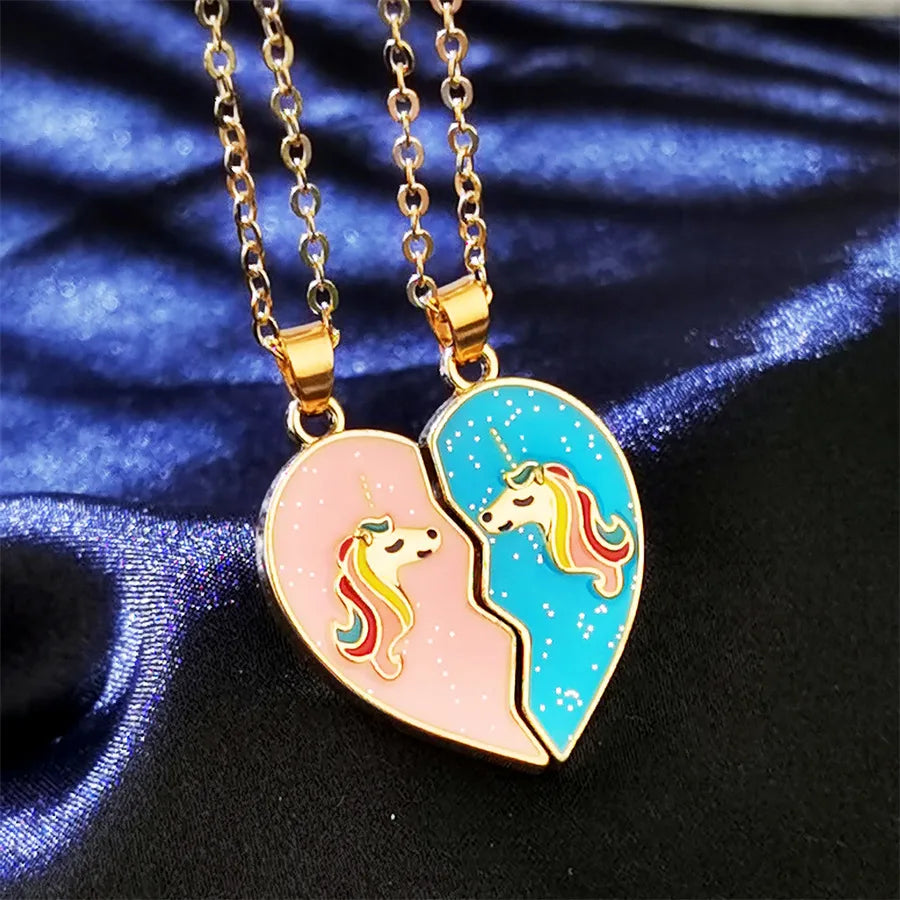 Lot de 2 Colliers D'amitié - Cœur Aimanté - BFF - Best Friends Forever - Licorne - Pendentif Paillette
